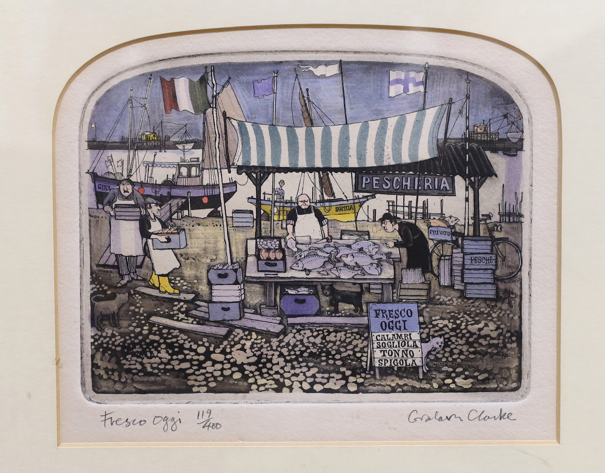 Graham Clarke (b.1941) set of four colour etchings, including 'Trattoria Romantica' and 'Carte Antico' signed in pencil, each limited edition of 400, CCA Gallery, New York labels verso, 19 x 16cm